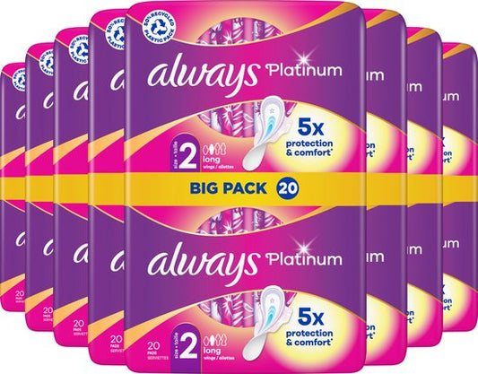 Always Platinum Long - Maat 2 - Voordeelverpakking 8 x 20 stuks - Maandverband Met Vleugels