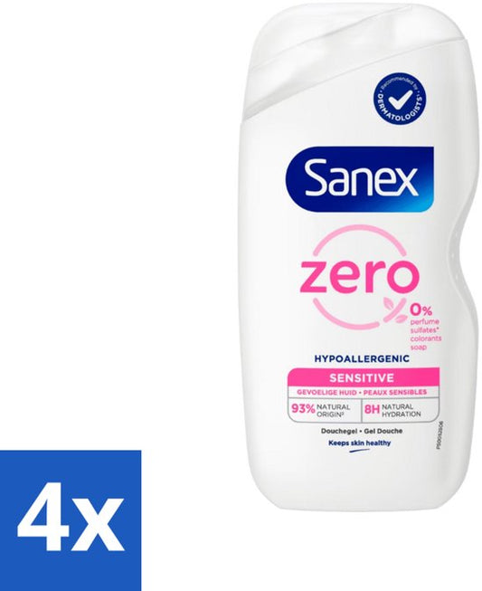 Sanex Zero% - Douchegel - Gevoelige Huid - 0% Parfumsulfaten - Hypoallergeen - 400 ml - Voordeelverpakking - 4 stuks