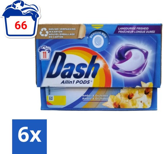Dash - Wasmiddel Capsules - All-in-1 -Pods - Witte en Gekleurde Was - Amber & Orchidee - 11 Wasbeurten - Voordeelverpakking - 6 stuks