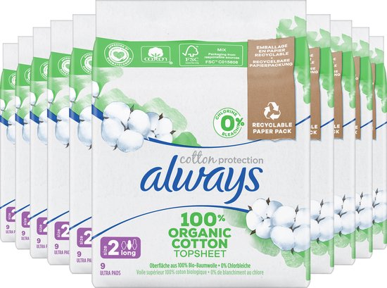 Always Cotton Protection - Long - Maandverband Met Vleugels - Voordeelverpakking 10 x 9 stuks