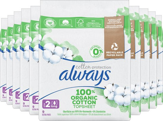 Always Cotton Protection - Long - Maandverband Met Vleugels - Voordeelverpakking 10 x 9 stuks