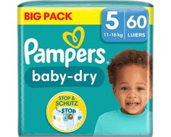 Pampers Baby-Dry Luiers – Maat 5 – 60 stuks – Tot 12 uur bescherming – Voor kindjes van 11-16 kg