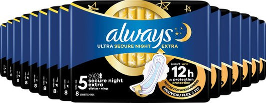 Always Ultra - Maandverband - Secure Night - Extra (maat 5) - Vleugels - Voordeelverpakking 16 x 8 stuks