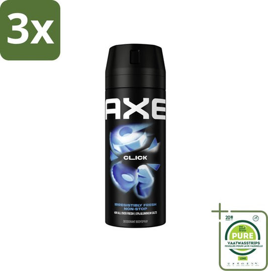3 x Axe Deodorant Bodyspray Click 150 ml - Grootverpakking - Deodorant - Deodorant Spray - Axe Click - 48 Uur Bescherming - Frisheid