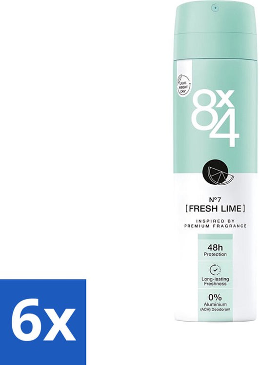 8 x 4 Deospray - No.7 Fresh Lime - Deodorant - Limoengeur - 150 ml - Voordeelverpakking - 6 stuks