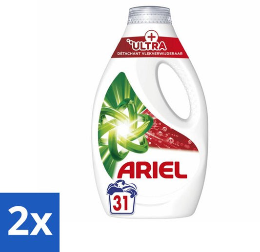 Ariel +Ultra - Vlekverwijderaar & Vloeibaar Wasmiddel - Witte en Gekleurde Was - 31 Wasbeurten - Voordeelverpakking - 2 stuks