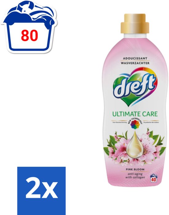 Dreft - Ultimate Care - Wasverzachter - Roze Bloem - Anti-Veroudering - 40 Wasbeurten - Voordeelverpakking - 2 stuks
