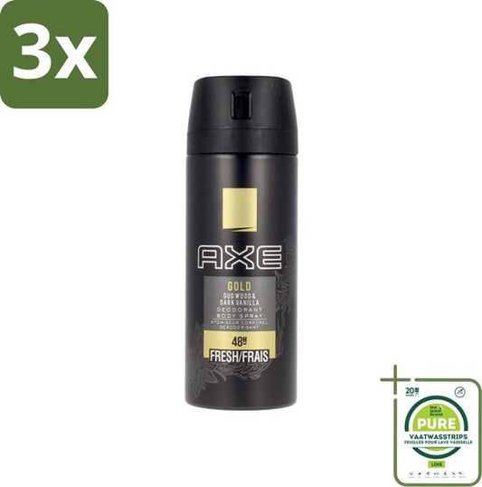 3 x Axe - Deodorant Bodyspray - 48hrs Fresh - Gold - Oud Wood & Dark Vanilla - 150 ml - Grootverpakking - Axe Deodorant - Deodorant Spray - Oud Wood Geur - Vanille Geur - 48 Uur Bescherming