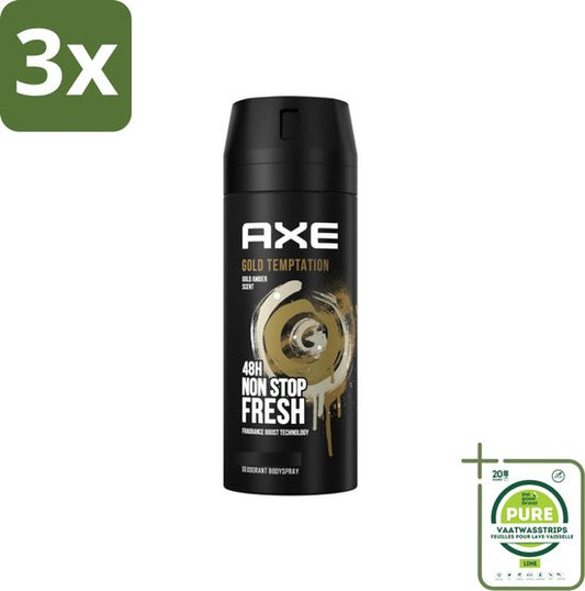 3 x Axe - Deodorant Bodyspray - 48hrs Non Stop Fresh - Gold Temptation - Gold Amber - 150 ml - Grootverpakking - Deodorant - Bodyspray - Geurbescherming - Frisheid - Citrusgeur