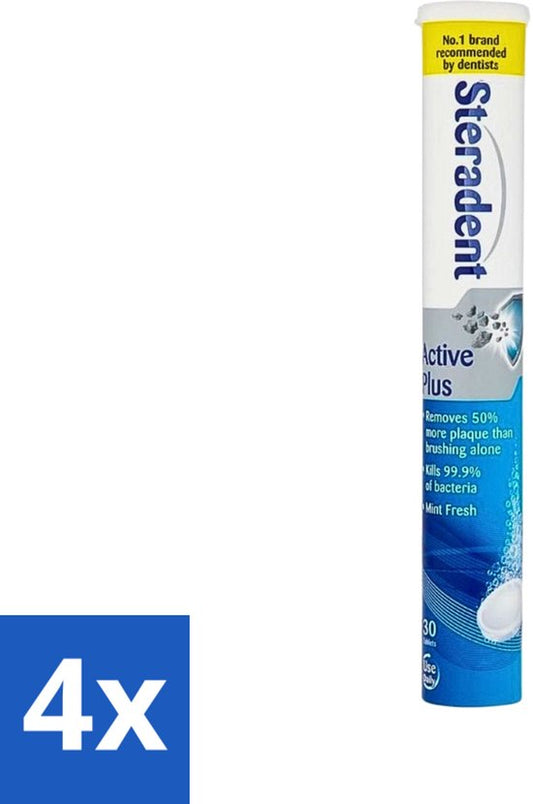 Steradent - Reinigingstabletten - Active Plus - Tegen Tandsteen & Bacteriën - 30 Tabletten - Voordeelverpakking - 4 stuks