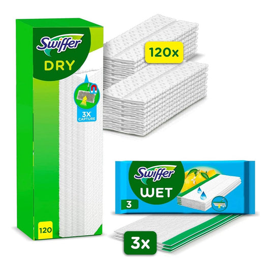 Swiffer - Vochtige Vloerdoekjes - Gemengde Doos - 120Pcs Navulling Dry & 3Pcs Wet Floor Wipes - 123 Stuks