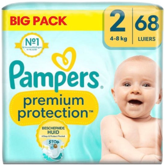 Pampers Premium Protection luiers - Maat 2 (4-8kg) - 68 luiers - Stop & Protect - Inclusief een toplaag om vocht bij de huid weg te houden - Navelvriendelijke pasvorm (tot maat 3) - Zachte en uitrekbare zijkanten