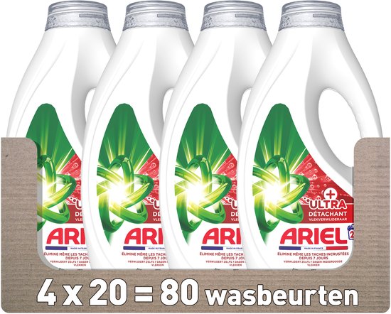 Ariel Vloeibaar Wasmiddel +Ultra Vlekverwijderaar - 4 x 20 Wasbeurten