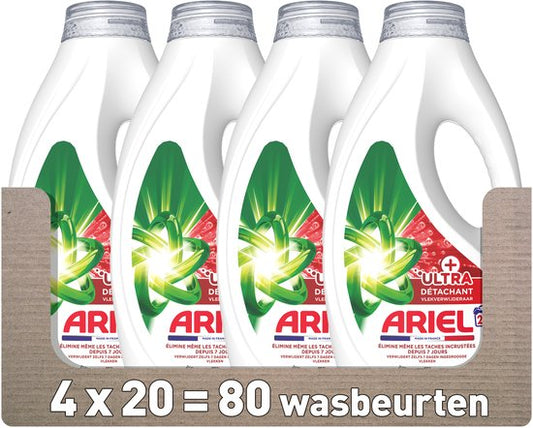 Ariel Vloeibaar Wasmiddel +Ultra Vlekverwijderaar - 4 x 20 Wasbeurten