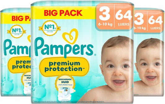 Pampers Premium Protection Maat 3 luiers - 3 x 64 stuks - 6kg tm 10kg