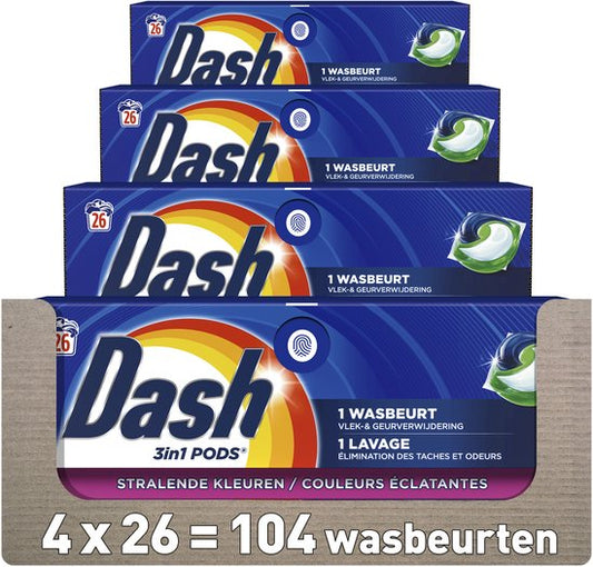 Dash 3in1 Wasmiddel Pods - Stralende kleuren - 4 x 26 Wasbeurten