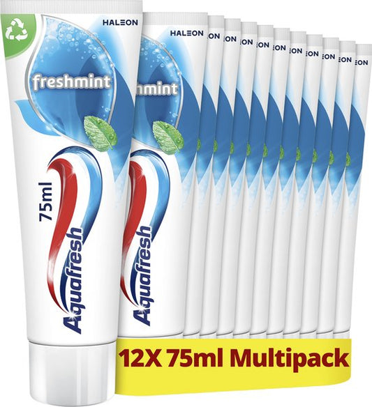 Aquafresh Freshmint - Tandpasta - Voor het hele gezin - Bescherming tegen suikerzuur - Fluoride formule - 12x 75ml