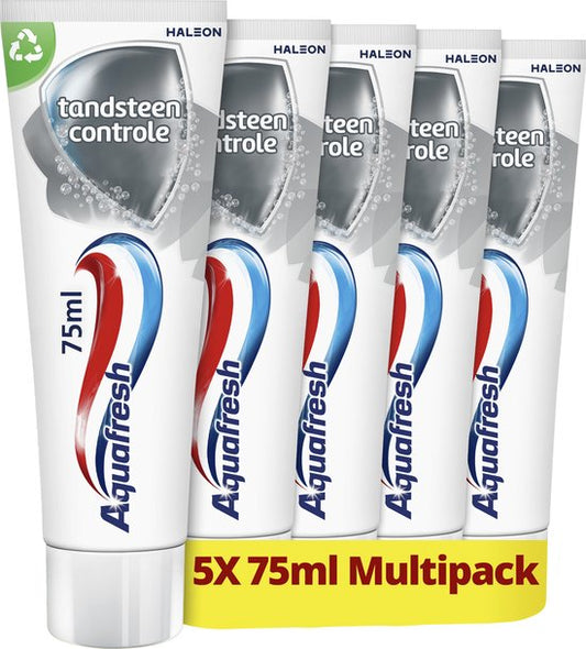 Aquafresh Tandsteen Controle Tandpasta voor gezonde tanden voordeelverpakking 5x75ml, recyclebare plastic tube en dop