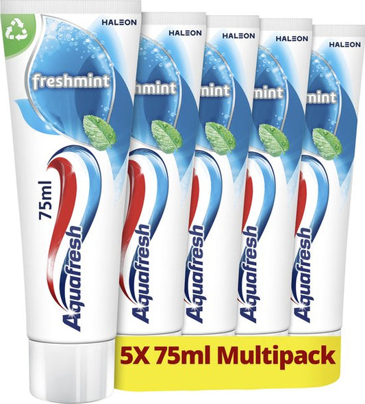 Aquafresh Freshmint 3in1 tandpasta voor een frisse adem voordeelverpakking 5 x 75ml, recyclebare plastic tube en dop
