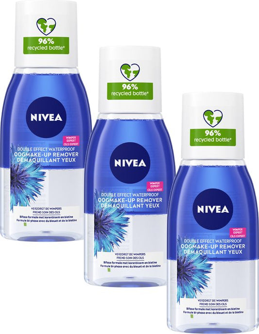 NIVEA Double Effect Oogmake-up Remover - Oogmake-up remover - Reinigt en verzorgt - Met korenbloem en biotine - 3 x 125 ml