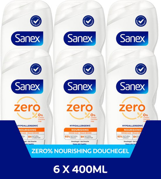 Sanex Zero% Droge Huid Douchegel - 6 x 400ml - Voor Droge Huid - Voordeelverpakking