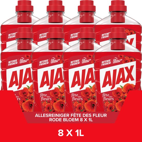 Ajax Allesreiniger Fête des Fleur Rode Bloem - 8 x 1L - Multi-Oppervlakken Allesreiniger - Voordeelverpakking