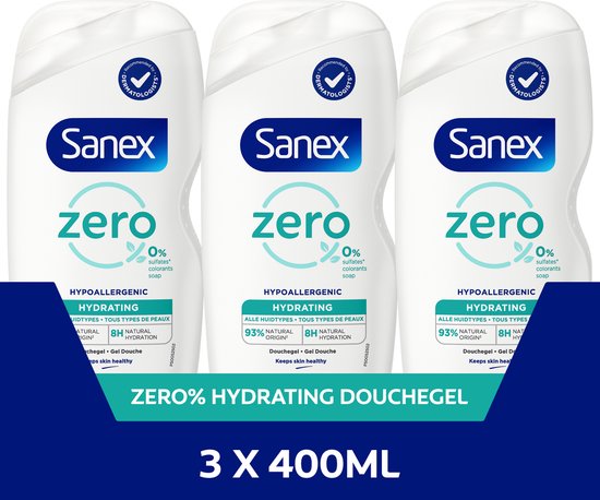 Sanex Zero% Hypoallergenic Hydrating Douchegel - 3 x 400ml - Voordeelverpakking