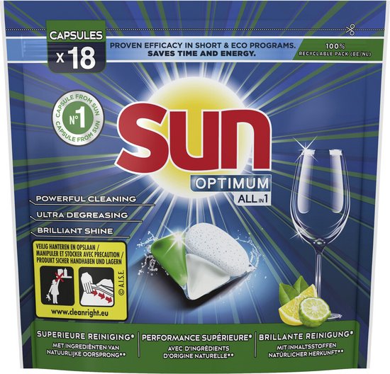 Sun Optimum All-in 1 Vaatwasmiddel Capsules - Citroen - 18 stuks
