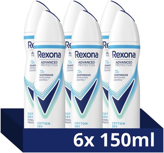 Rexona Women Advanced Protection Anti-Transpirant Spray - Cotton Dry - met Continuous Refreshing Control Technologie - 6 x 150 ml