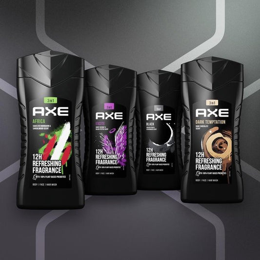 AXE 3-in-1 Douchegels - Africa + Black + Dark Temptation + Excite - vier onweerstaanbare geuren samen in een voordeelverpakking - 4 x 250 ml