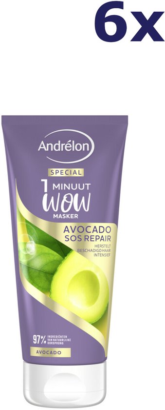 Andrélon 1 Minuut Wow Masker Avocado SOS Repair - 6 x 180 ml - Voordeelverpakking