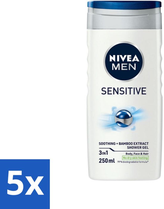 5 x Nivea - Men - Sensitive Douchegel - Hydraterend - 250 ml - Gevoelige Huid - Douchegel - Hydraterend - Huidverzorging - Mannelijke Geur