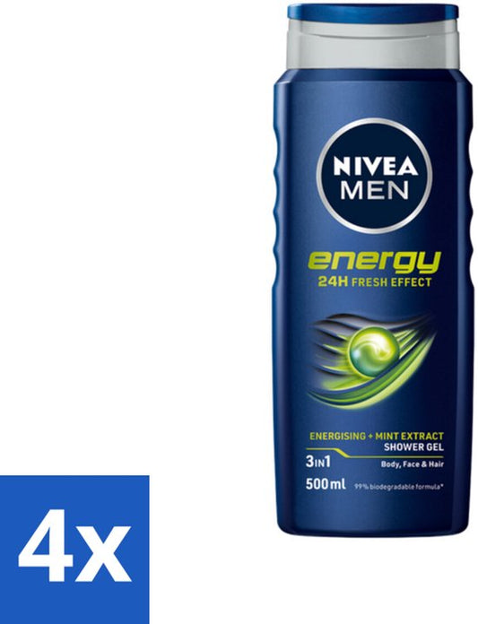 4 x NIVEA MEN - Douchegel - Energy - 500 ml - Douchegel - Energie - Mintextract - Frisheid - Lichaam