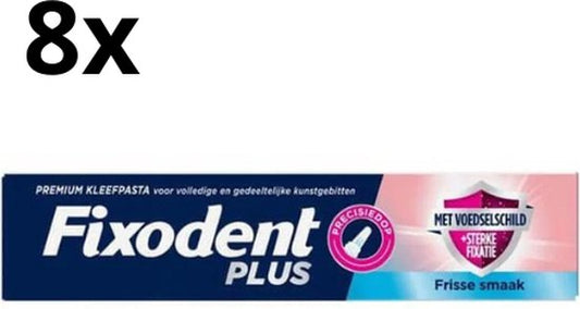 Fixodent Plus Kleefpasta voor Kunstgebit – Fris met Voedselschild - 8 x 40 gram - Voordeelverpakking
