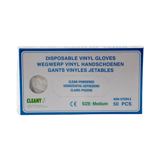 Cleany - Huishoud artikelen - Wegwerp Handschoenen - Medium - Doorzichtig-Gepoederd-Non Sterile - 50 Stuks